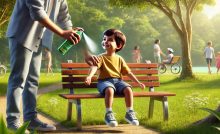 Criança sentada em um banco de parque enquanto um adulto aplica repelente.