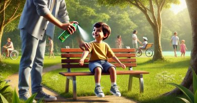 Criança sentada em um banco de parque enquanto um adulto aplica repelente.