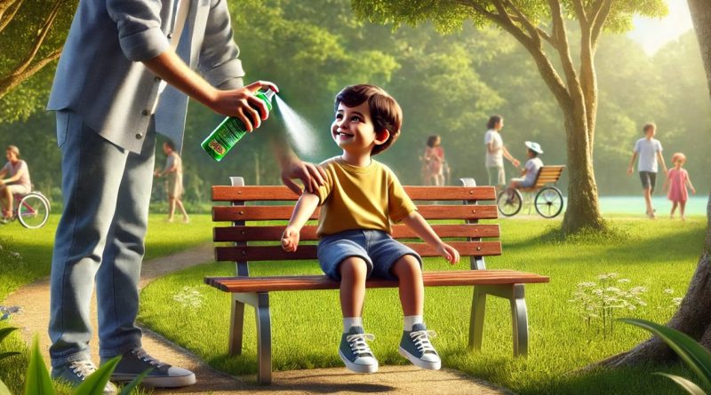 Criança sentada em um banco de parque enquanto um adulto aplica repelente.