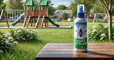 Frasco de repelente de insetos em um banco de parque em um dia ensolarado com grama