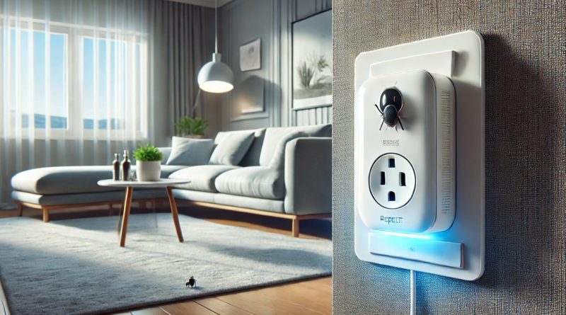 Repelente de tomada em um ambiente moderno e confortável, sem insetos visíveis, com uma luz azul suave indicando que está funcionando, em uma sala de estar limpa e minimalista
