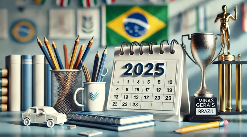 Calendário de 2025 aberto sobre a mesa com materiais ao redor