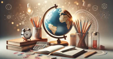 Recursos educacionais abertos: livros, globo, lápis e bloco de notas