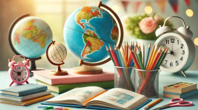 Mesa com livros abertos, um globo terrestre e lápis coloridos.