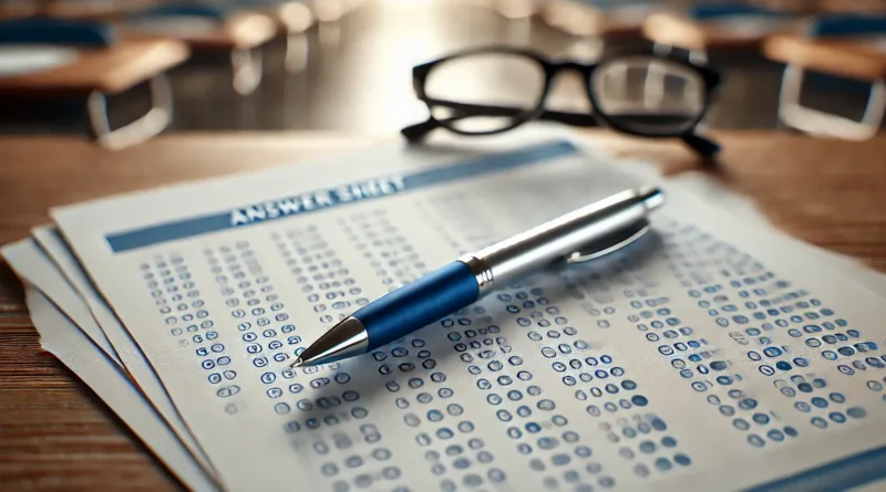 Gabarito preenchido com caneta azul, destacando respostas marcadas.