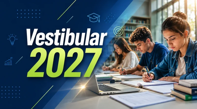 Estudantes estudando e se preparando para o vestibular 2027 em ambiente de aprendizado